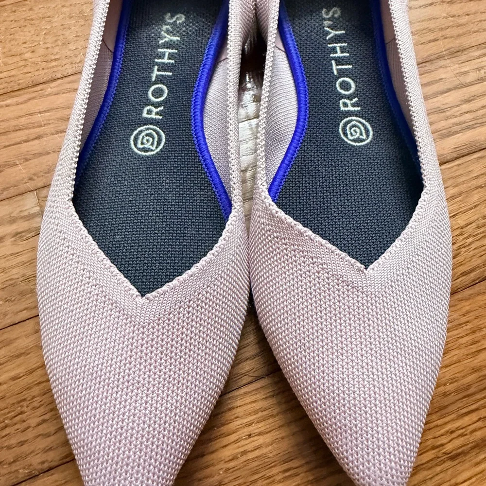 Rothy's Blush Pointed Knit Flats with Blue Trim - Picture 4 of 5